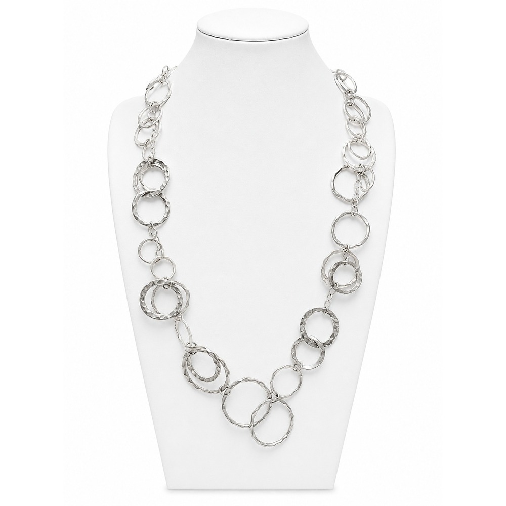 Vintage Silver Tone Hammered Circle Link Statement Necklace Modernist Bib 18"